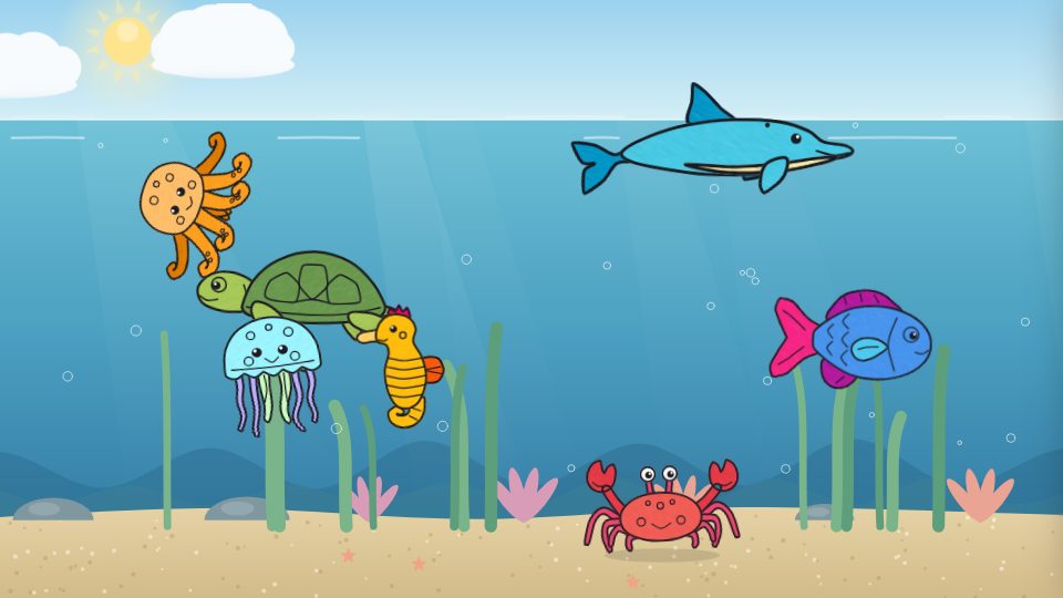 Coloured-in animals on the big screen in the Under the Sea scene.